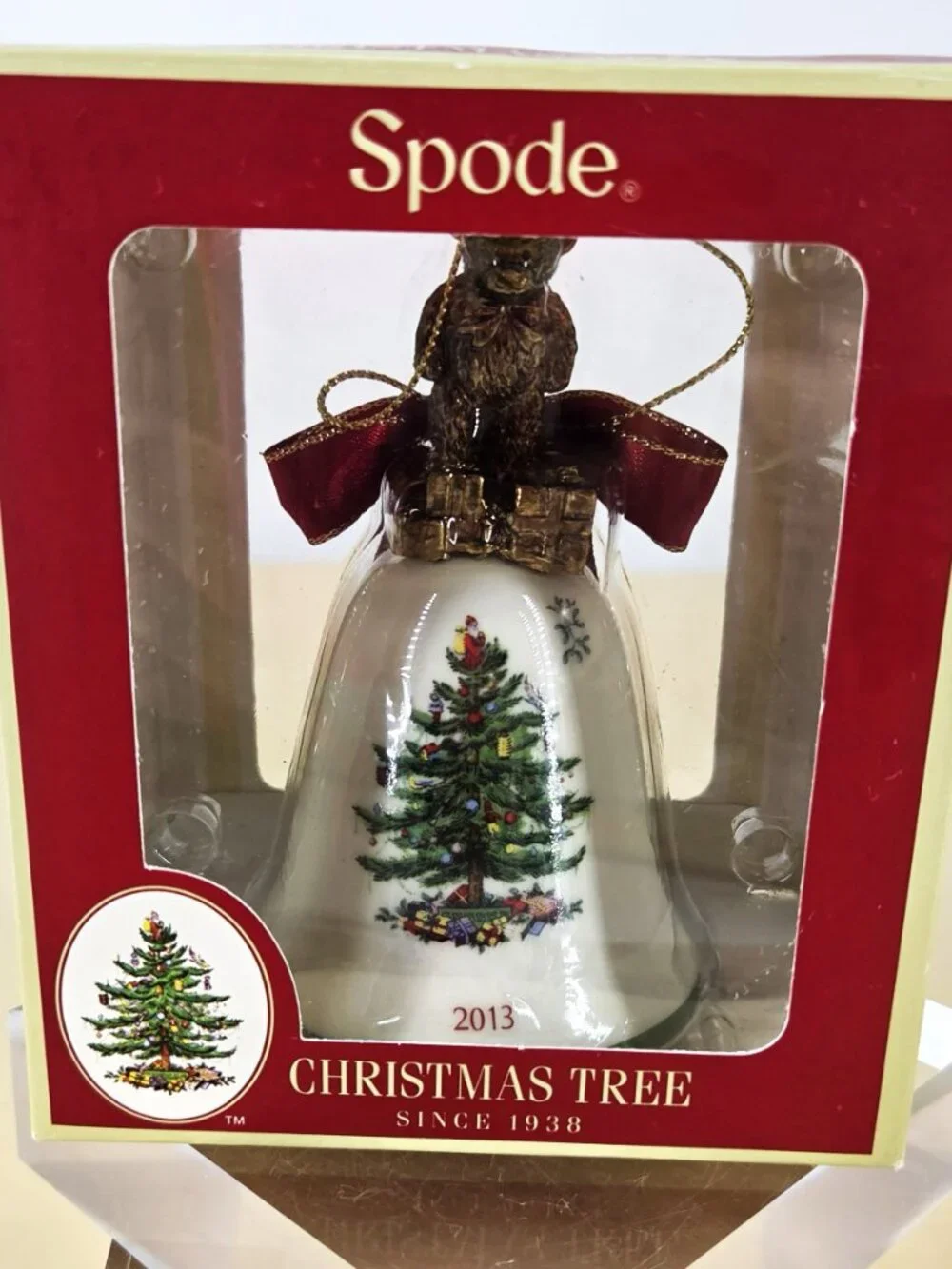 Spode 2013 Teddy Bear Christmas Tree Porcelain Bell Ornament Red Ribbon Bow NOS